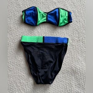 Vintage 90’s Color Block Swimsuit Set Size 6 Bright Green & Blue Beach Retro Fun